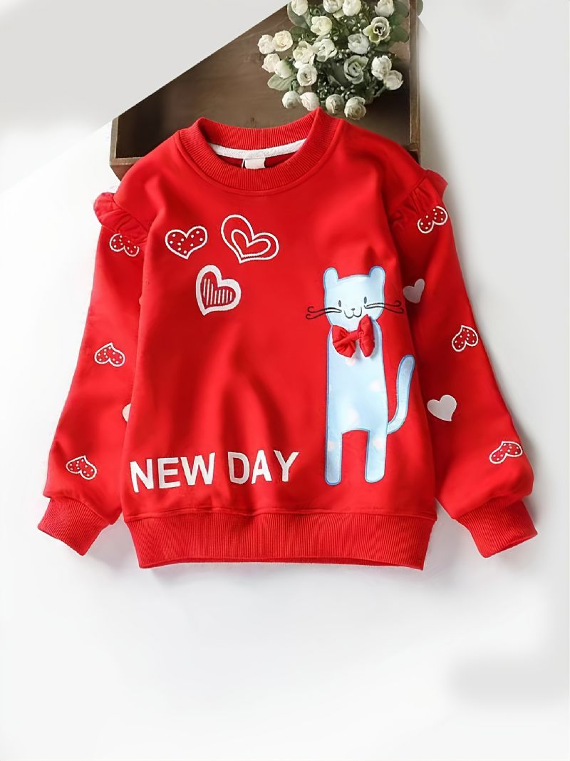 Børnepiger Cat Heart Print Pullover Rundhals Langærmet Sweatshirt Børnetøj