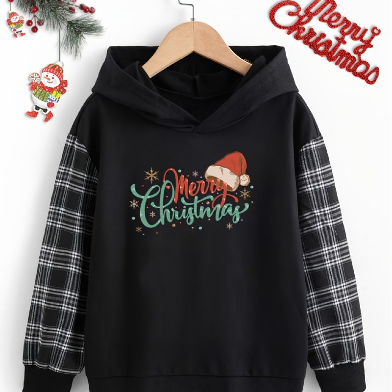 Christmas Piger Hættetrøje Print Plaid Syning Sweatshirt Efterår Vinter