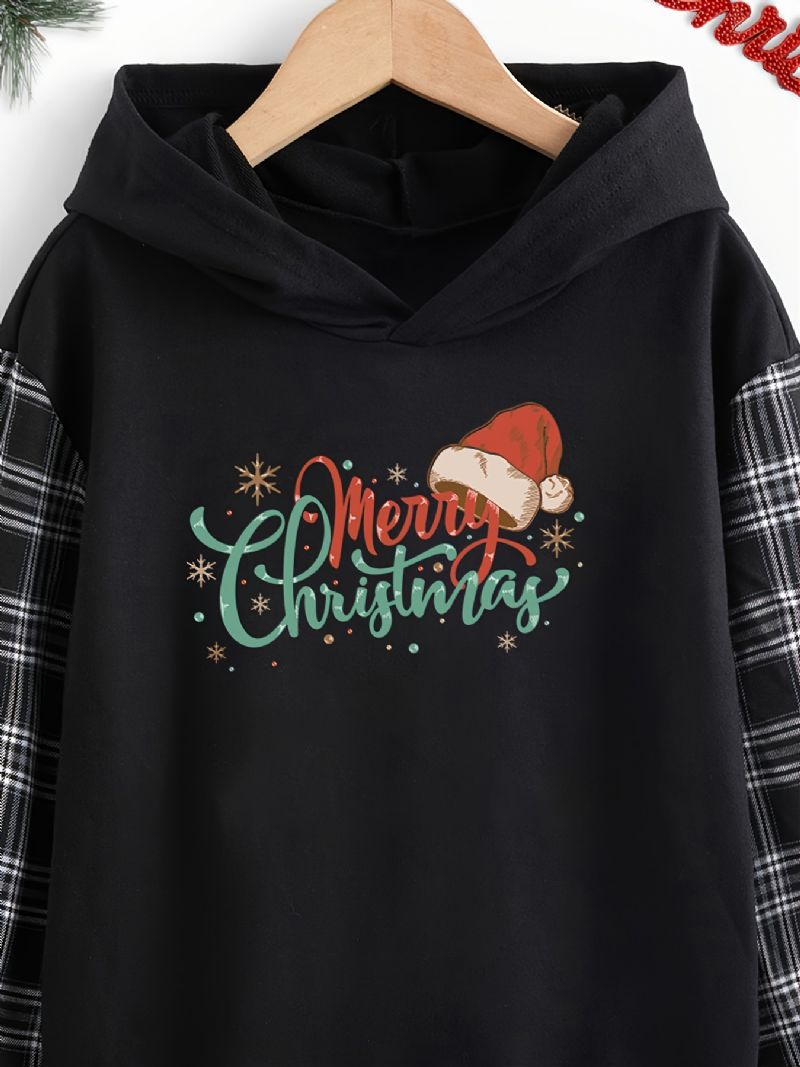 Christmas Piger Hættetrøje Print Plaid Syning Sweatshirt Efterår Vinter