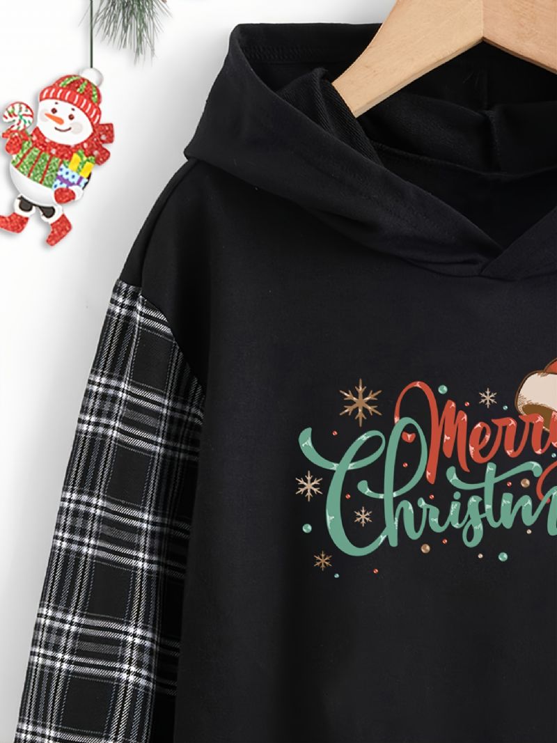 Christmas Piger Hættetrøje Print Plaid Syning Sweatshirt Efterår Vinter