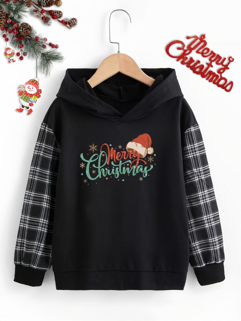 Christmas Piger Hættetrøje Print Plaid Syning Sweatshirt Efterår Vinter