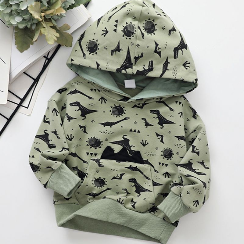 Drenge Børn Tegneserie Dinosaur Print Rundhals Hættetrøje Sweatshirt Efterår Vinter Varm