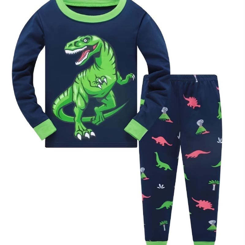 Drenge Casual Pyjamassæt Med Rund Hals Lounge Wear Homewear Langærmet Top Og Matchende Bukser Med Dinosaurprint