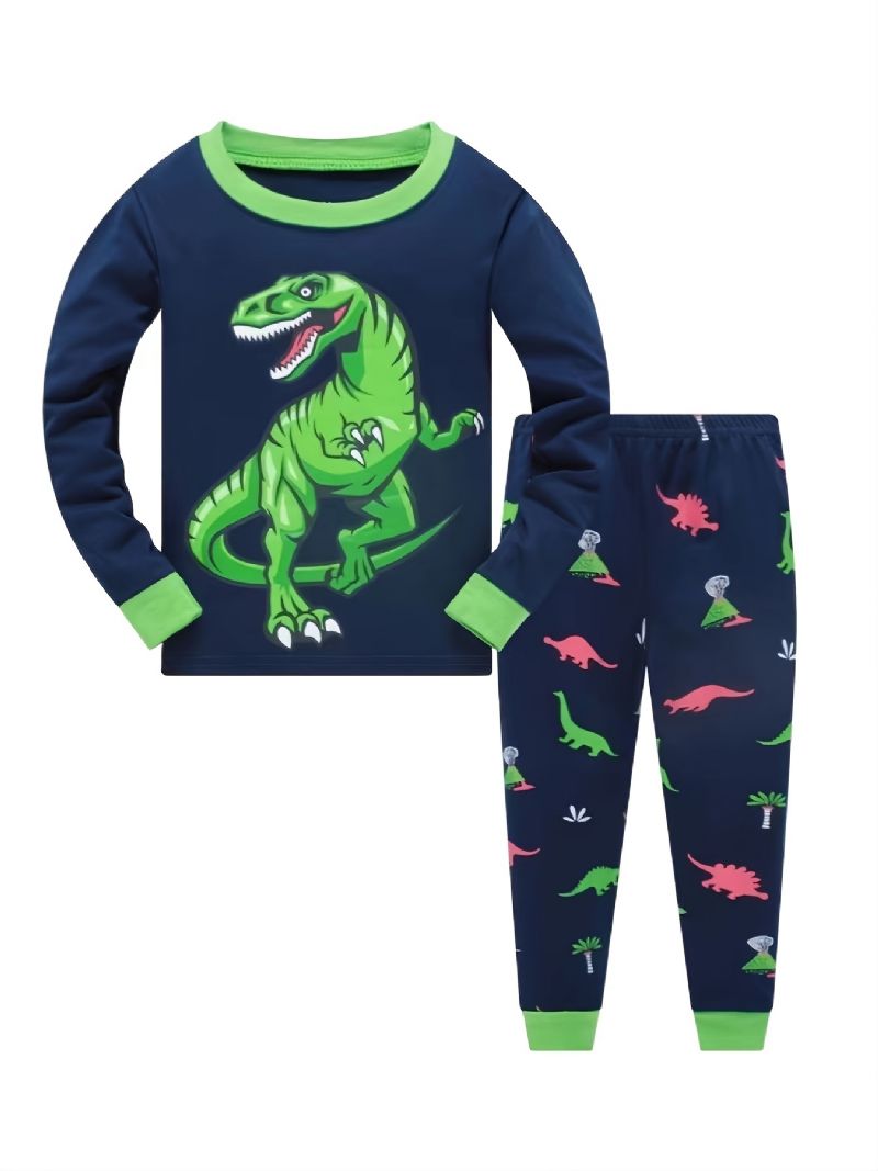 Drenge Casual Pyjamassæt Med Rund Hals Lounge Wear Homewear Langærmet Top Og Matchende Bukser Med Dinosaurprint