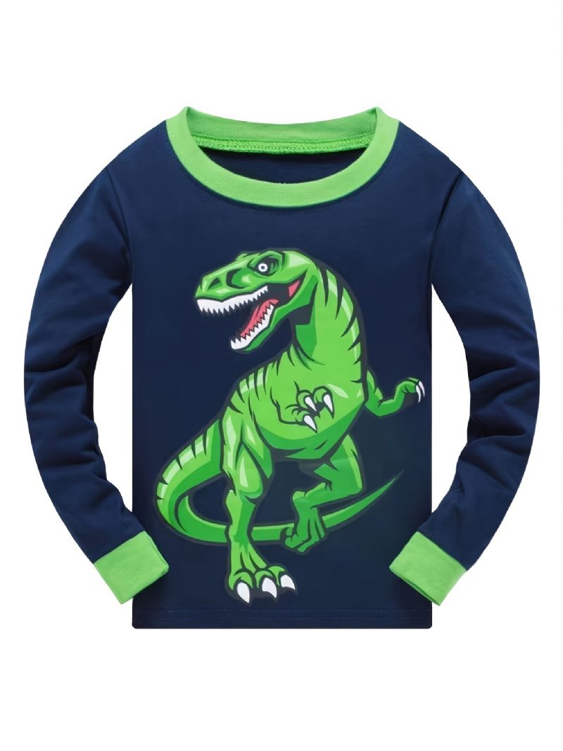 Drenge Casual Pyjamassæt Med Rund Hals Lounge Wear Homewear Langærmet Top Og Matchende Bukser Med Dinosaurprint