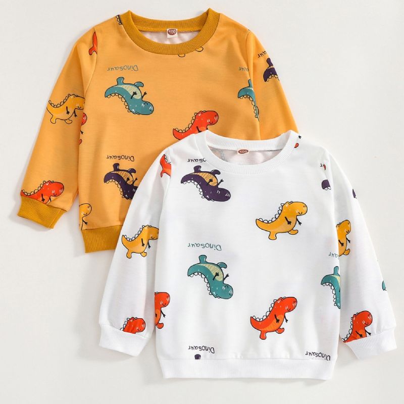 Drenge Swaetshirt Tegneserie Farverig Dinosaur Print Sweatshirt Gul & Hvid