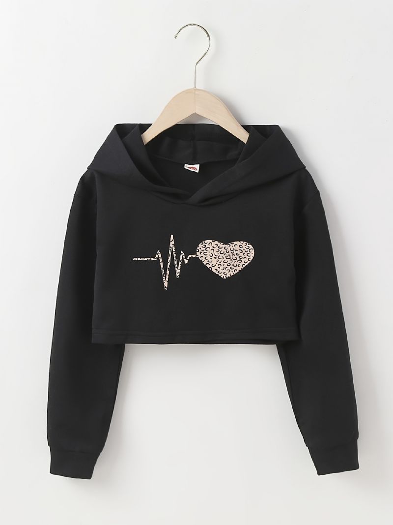 Pige Hættetrøje Leopard Hjerte Print Langærmet Crop Pullover Sweatshirt Børnetøj