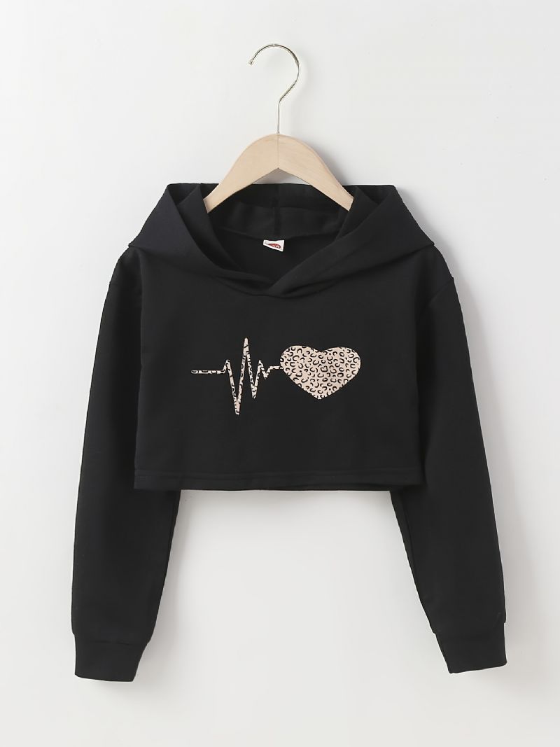 Pige Hættetrøje Leopard Hjerte Print Langærmet Crop Pullover Sweatshirt Børnetøj