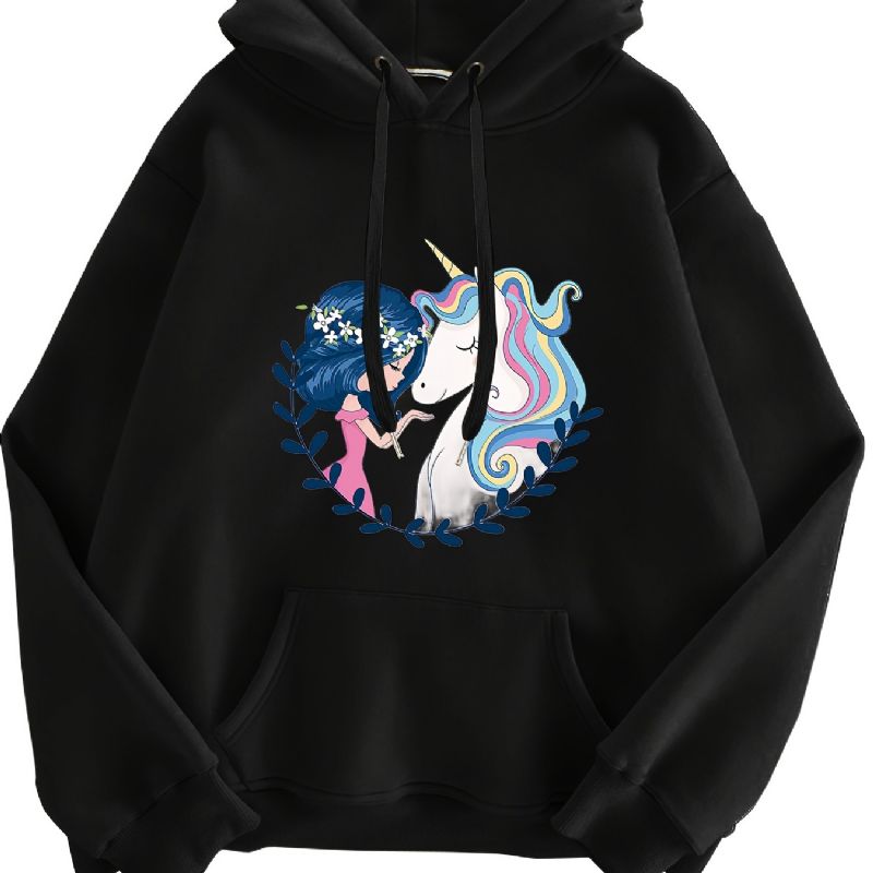 Pige & Unicorn Print Hættetrøje Fleece Pullover Snøre Kængurulomme Aktiv Dametøj