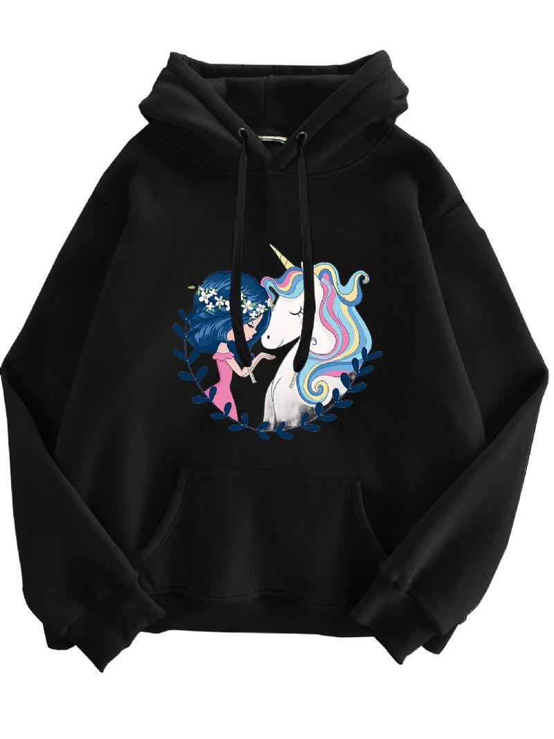 Pige & Unicorn Print Hættetrøje Fleece Pullover Snøre Kængurulomme Aktiv Dametøj