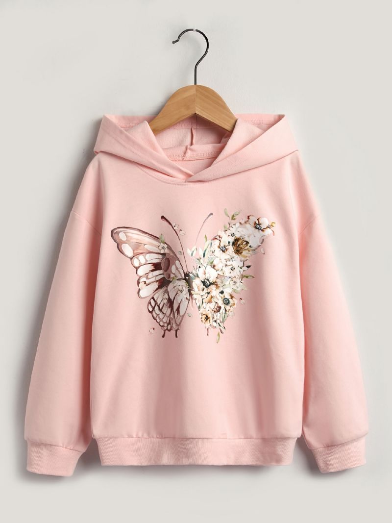 Piger Casual Butterfly Print Pink Langærmet Rund Hals Hættetrøje Tøj