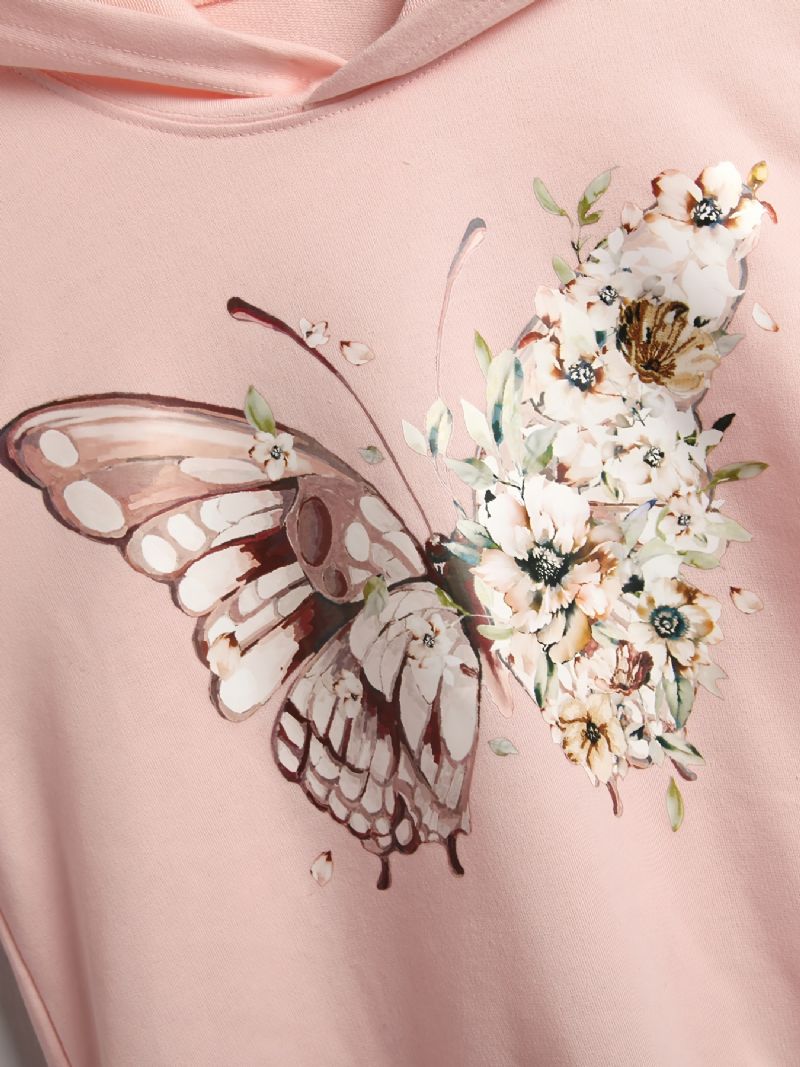 Piger Casual Butterfly Print Pink Langærmet Rund Hals Hættetrøje Tøj