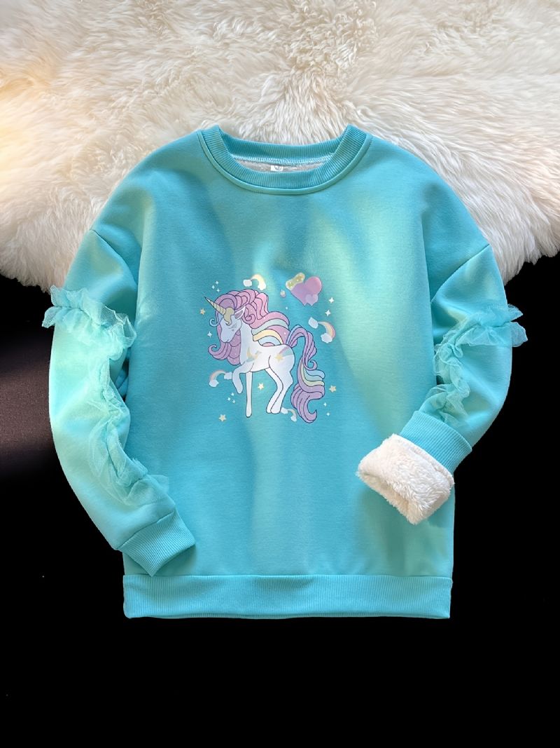 Piger Unicorn Print Fleece Fortykkelse Varm Pullover Rundhals Blondesting Langærmet Sweatshirt Efterår Vinter