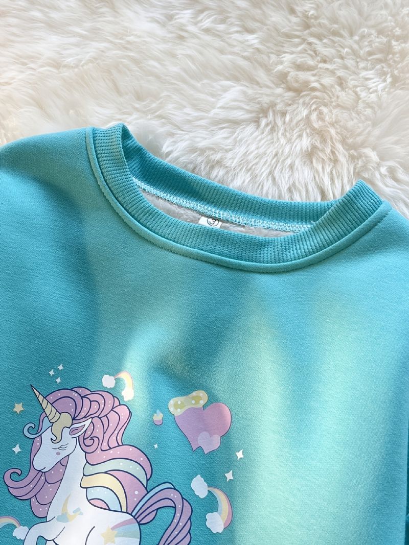 Piger Unicorn Print Fleece Fortykkelse Varm Pullover Rundhals Blondesting Langærmet Sweatshirt Efterår Vinter