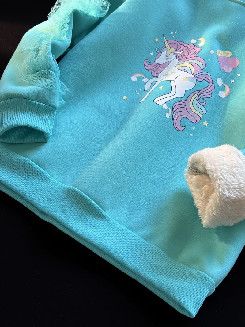 Piger Unicorn Print Fleece Fortykkelse Varm Pullover Rundhals Blondesting Langærmet Sweatshirt Efterår Vinter