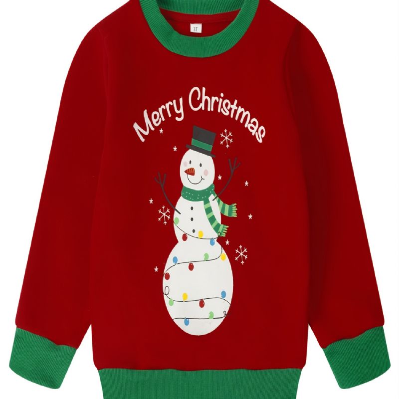 Popshion Drenge Snowman Farverigt Tryk Fleece Langærmet Kontraststrim Pullover Jule Sweatshirt