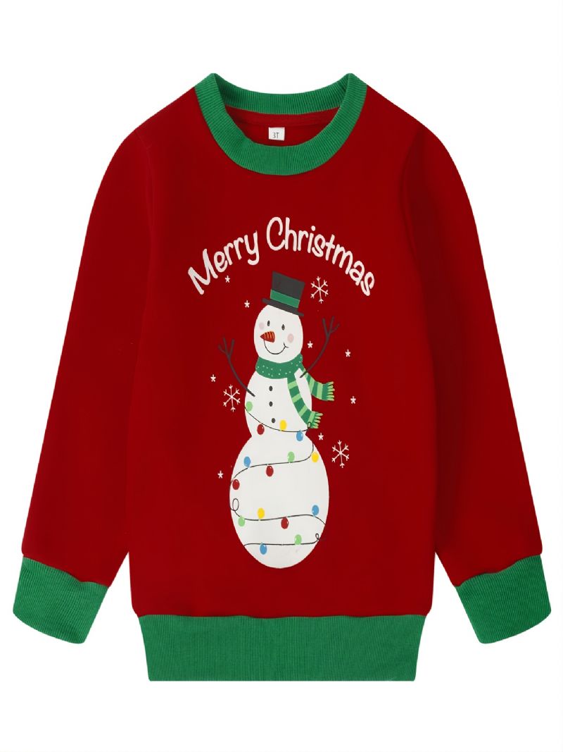 Popshion Drenge Snowman Farverigt Tryk Fleece Langærmet Kontraststrim Pullover Jule Sweatshirt