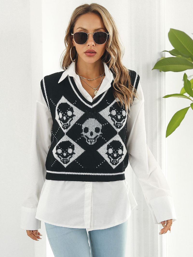 Dametrøjer Y2k Halloween Skull Jacquard Argyle Tanktrøje Småbørnspiger Western Hem Strikbluse