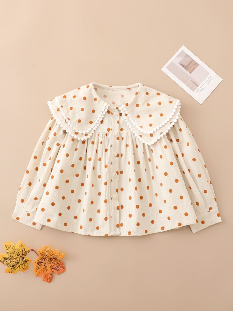 Piger Polka Dots Flæsekant Lanterne Langærmet Collared Bluse