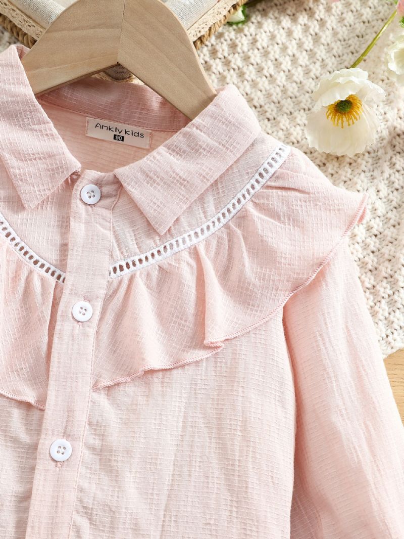 Toddler Piger Broderi Flæse Trim Button Up Bluse