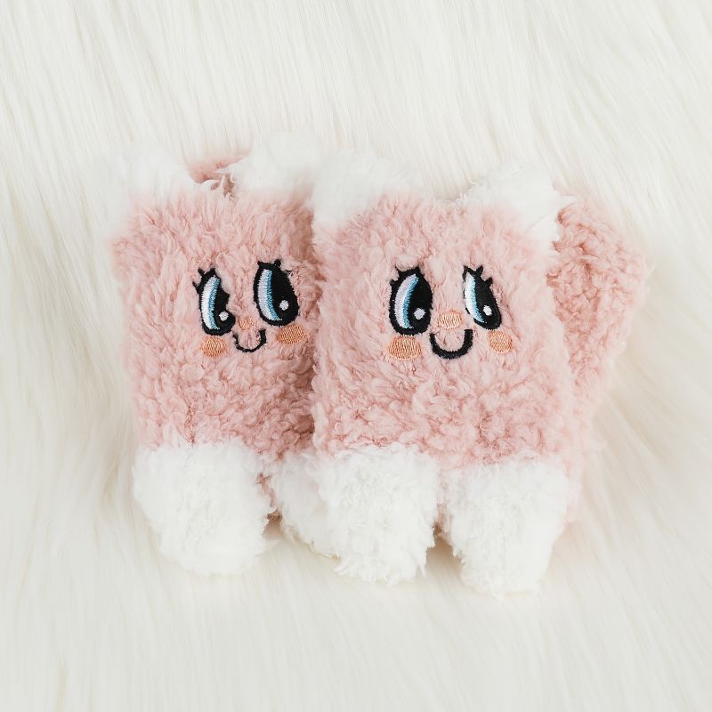 1 Par Børn Piger Pink Coral Fleece Varme Sokker Tegnefilm Hvidt Øre