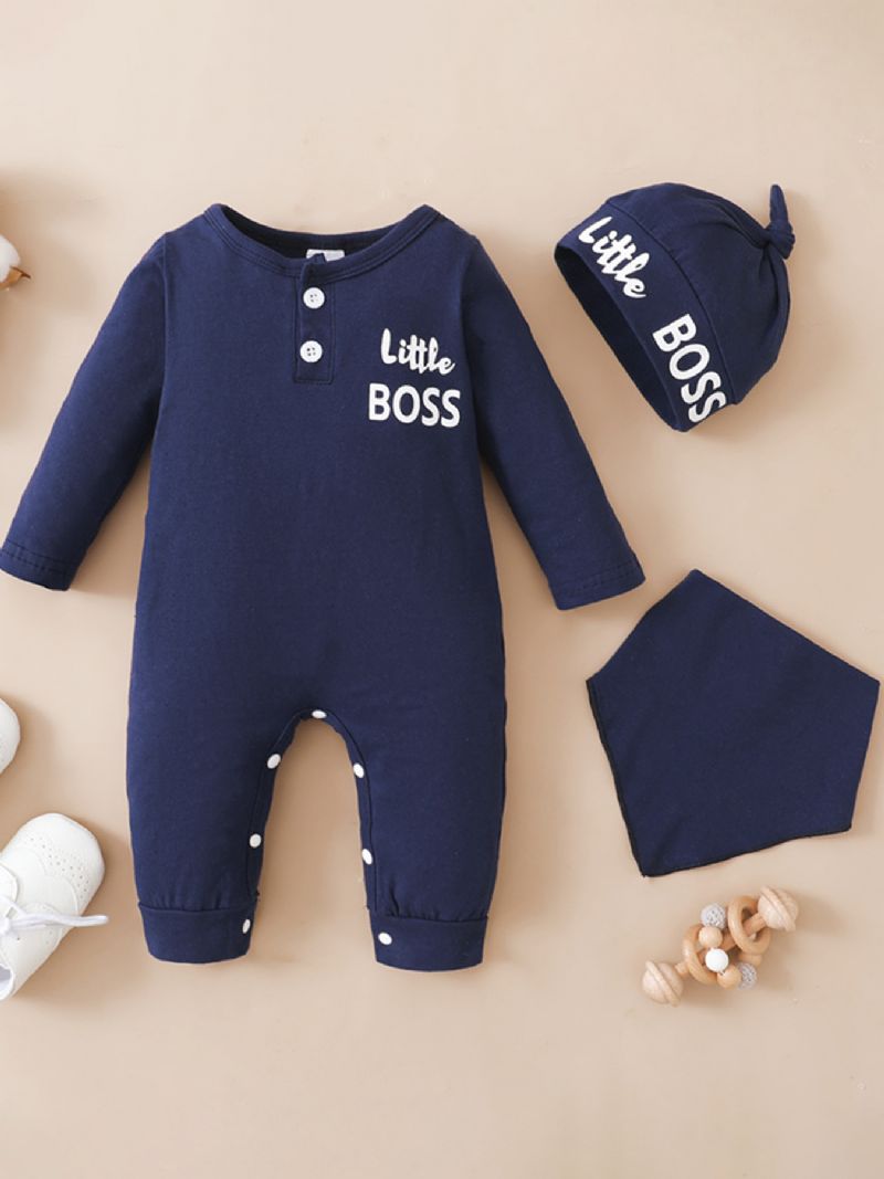 Baby Drenge Little Boss Langærmet Jumpsuit Hagesmæk & Hatte Sæt