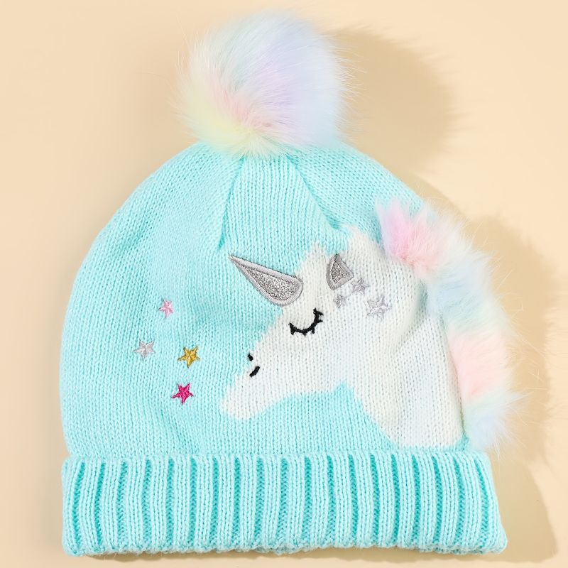 Børn Piger Varm Hue Unicorn Strikket Hue Med Pom Pom Winter