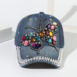 Butterfly Rhinestone Denim Baseball Kasket Udendørs Justerbar Casual Style Hatte Til Kvinder Piger