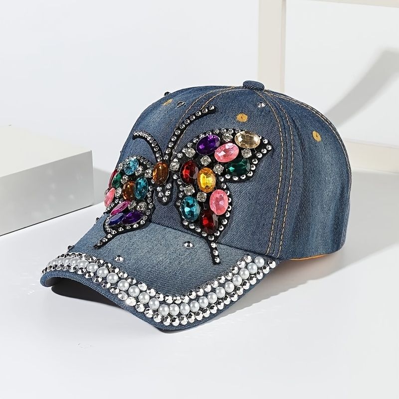 Butterfly Rhinestone Denim Baseball Kasket Udendørs Justerbar Casual Style Hatte Til Kvinder Piger