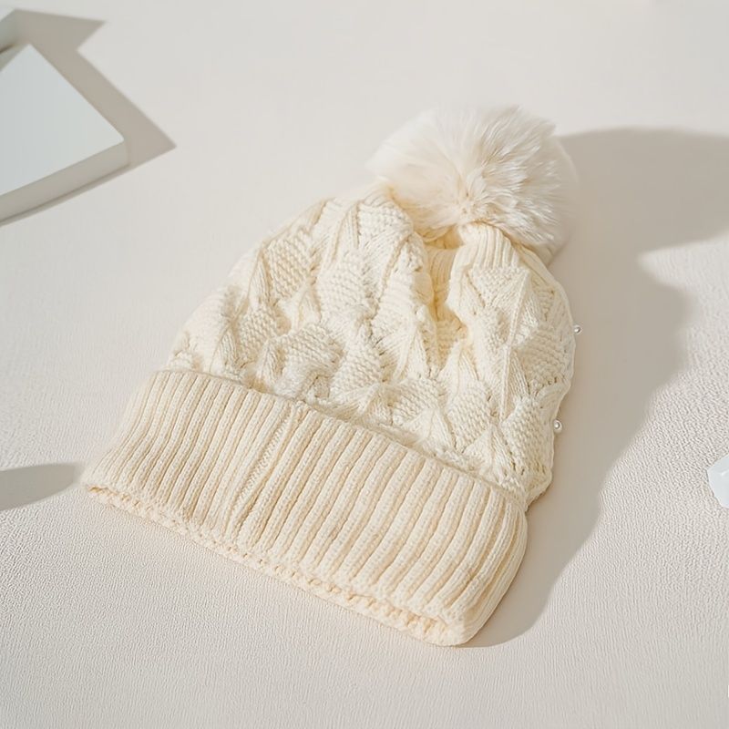 Pearl Winter Beanies Snow Ski Kasket Varm Strikkede Huer Til Drenge Piger Koldt Vejr Hatte Beige