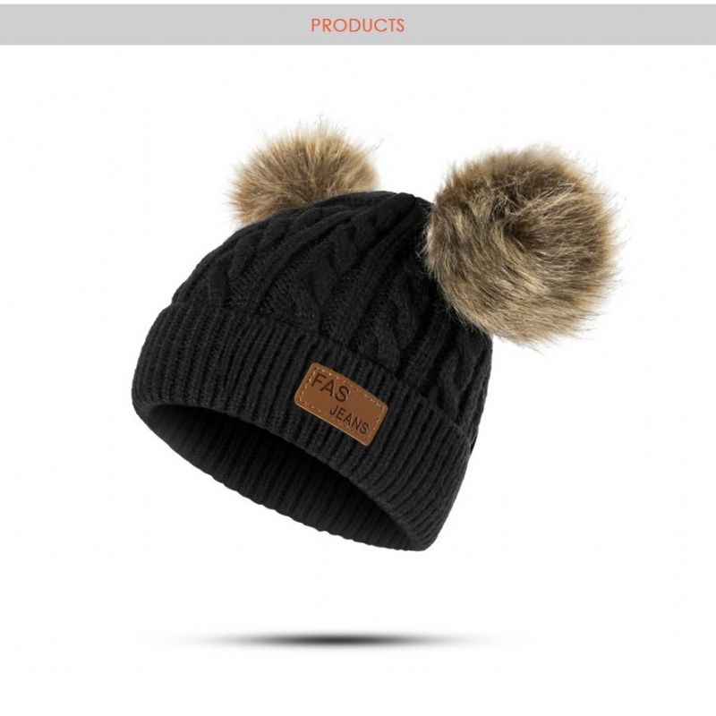 Piger Strik Kasket Termisk Strikket Beanie Hatte Med To Plys Bold Til Vinter