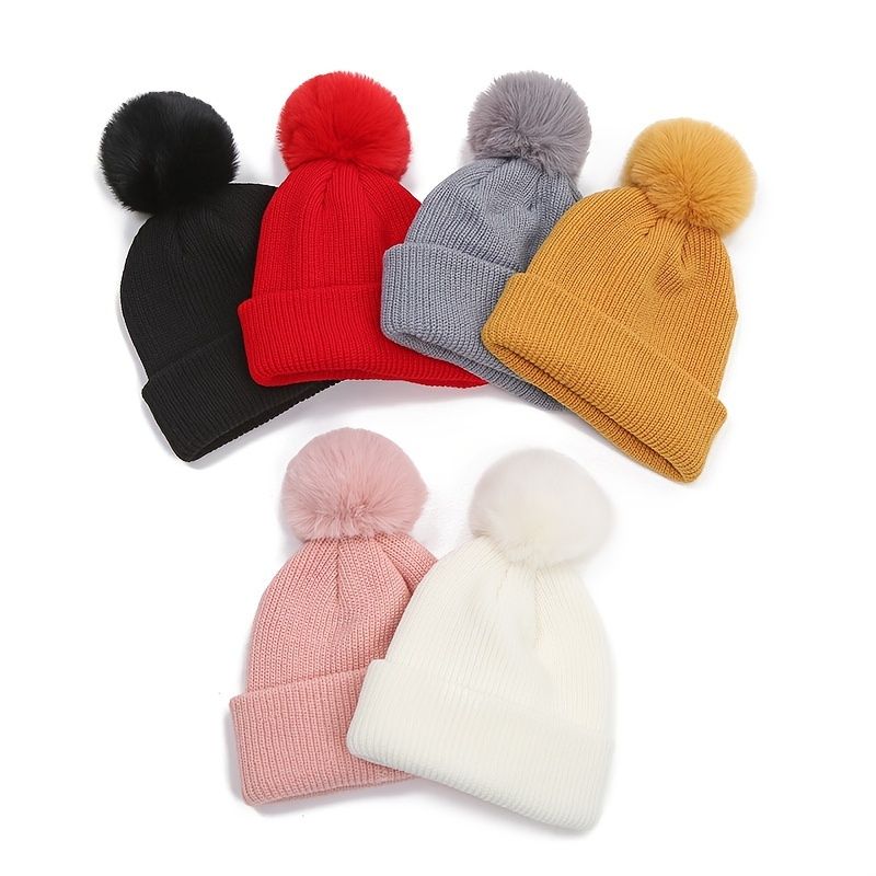 Toddler Baby Beanie Strikket Hatte Med Pom Pom Ensfarvet Varm Kasket Vinter Til Piger Drenge