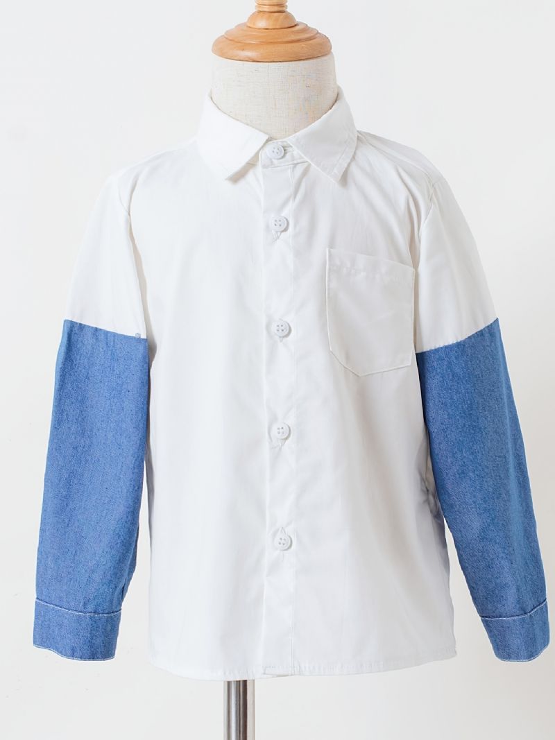 Baby Denim Langærmede Splejsningsskjorter Button Down Bluse Toppe Til Drenge Piger Børnetøj