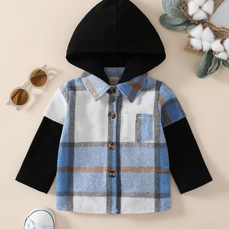 Baby Drenge Hættebluse Splejsning Plaid Langærmet Knap Skjorte Top Børnetøj