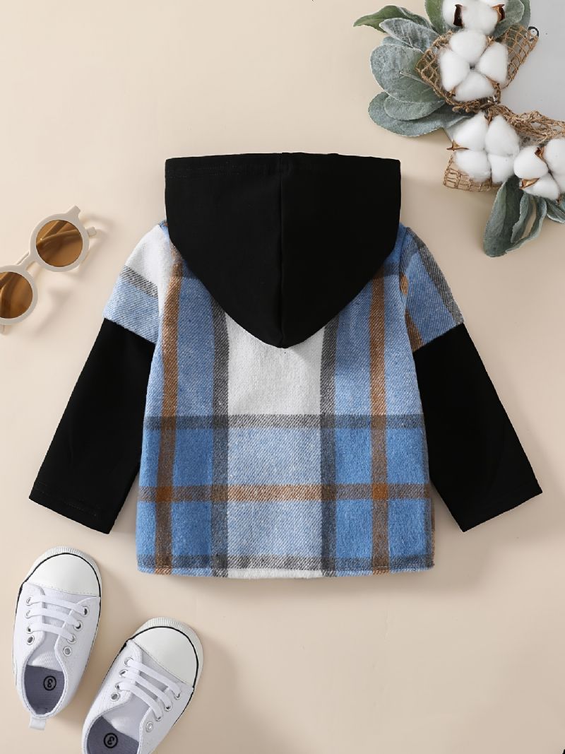 Baby Drenge Hættebluse Splejsning Plaid Langærmet Knap Skjorte Top Børnetøj