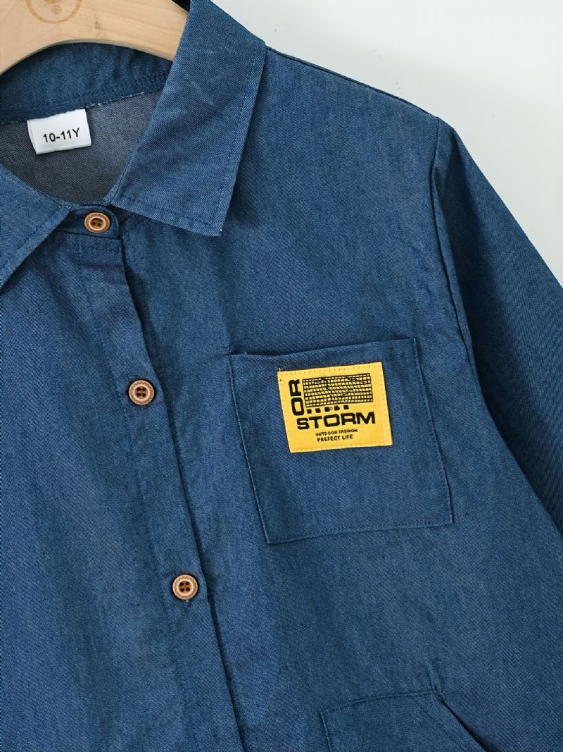 Børne Drenge Skjorte Langærmet Button Down Pocket Denim Bluse