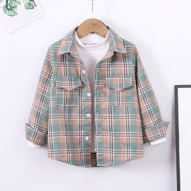 Drenge Casual Plaid Lommer Front Button Down Langærmet Skjorte Tøj