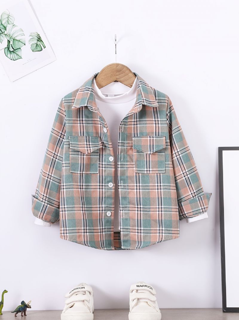 Drenge Casual Plaid Lommer Front Button Down Langærmet Skjorte Tøj