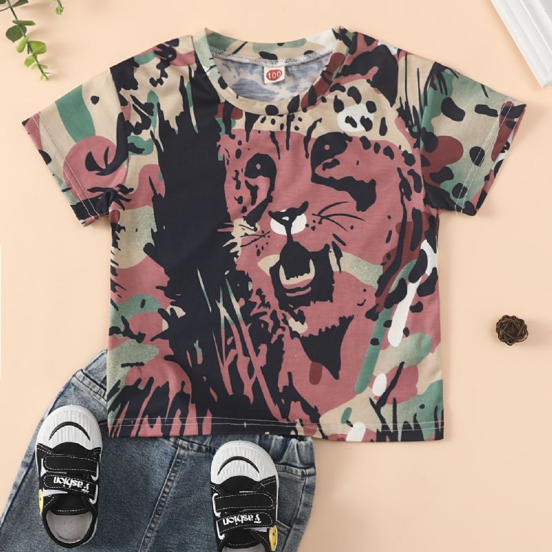 Drenge Casual Tiger Print Kortærmet Rundhals Shirt Top Tøj