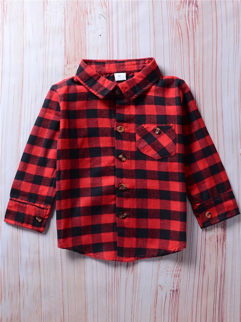 Drenge Casual Vintage Plaid Skjorter Langærmede Reversoverdele Til Vinter Rød