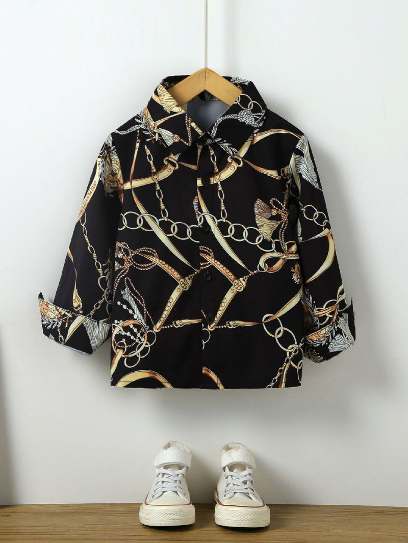 Drenge Mode Gold Chain Print Button Down Shirt Langærmet Top Bluse