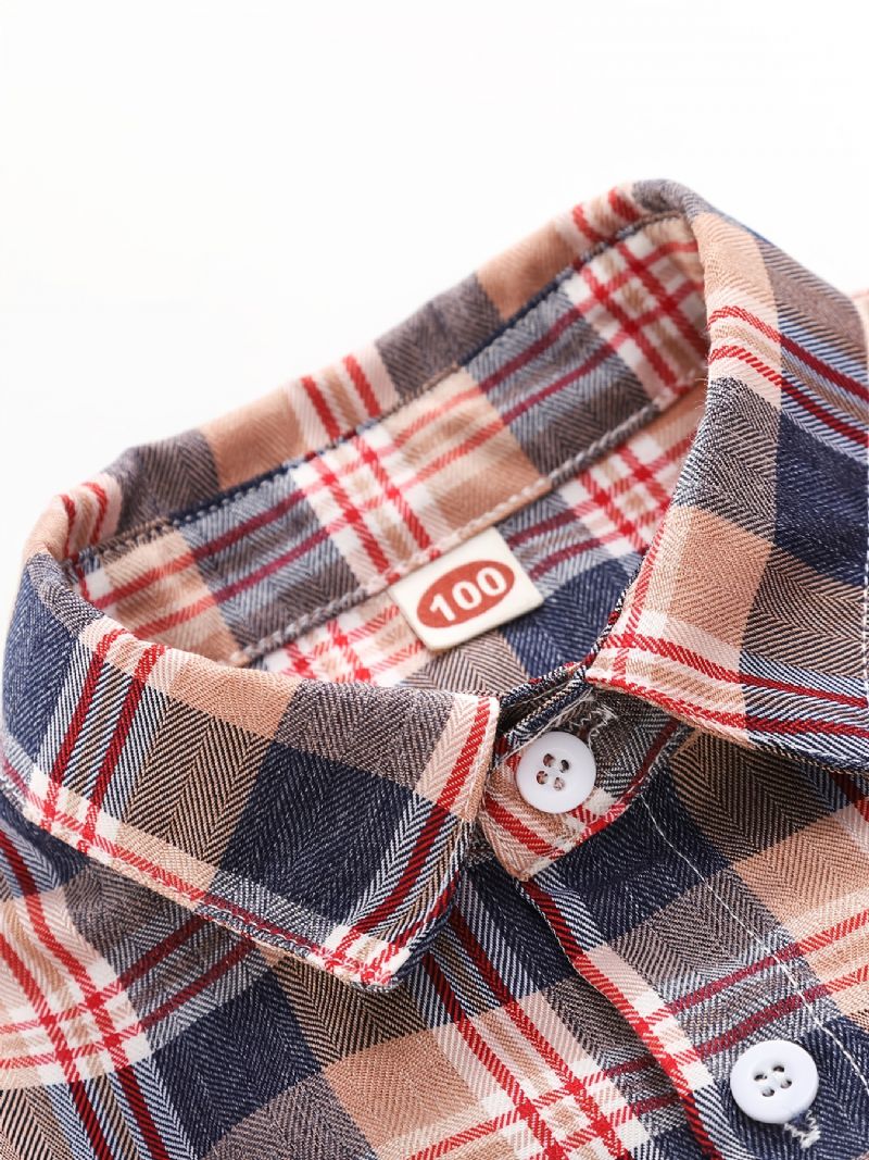 Drenge Plaid Pocket Lapel Langærmet Button Down Shirt Tøj