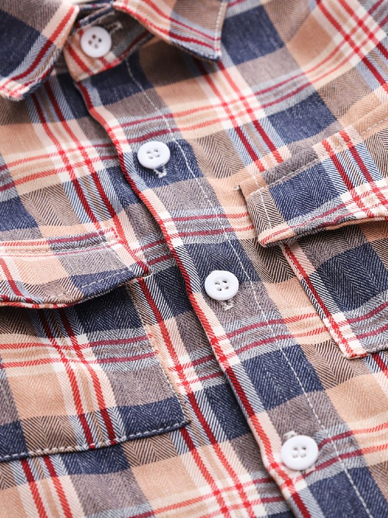 Drenge Plaid Pocket Lapel Langærmet Button Down Shirt Tøj