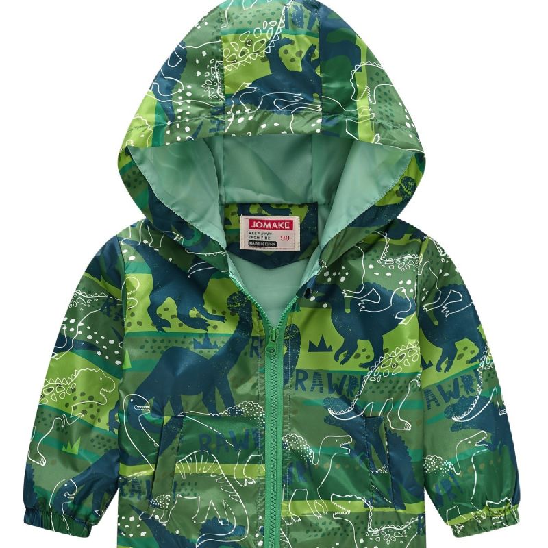 1 Stk Casual Sød Grøn Dinosaur Print Lynlås Hættejakke Cardigan Krave Termojakke Til Vinter Drenge Piger