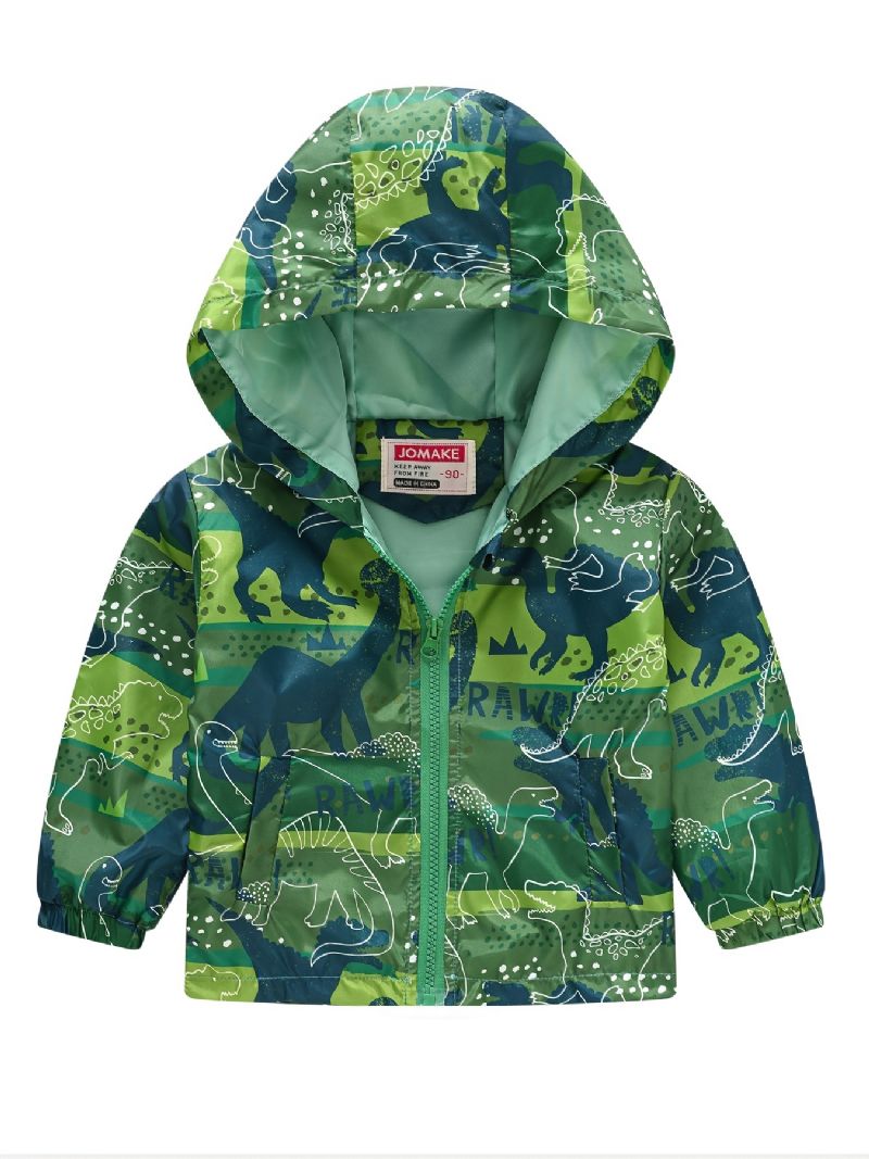 1 Stk Casual Sød Grøn Dinosaur Print Lynlås Hættejakke Cardigan Krave Termojakke Til Vinter Drenge Piger