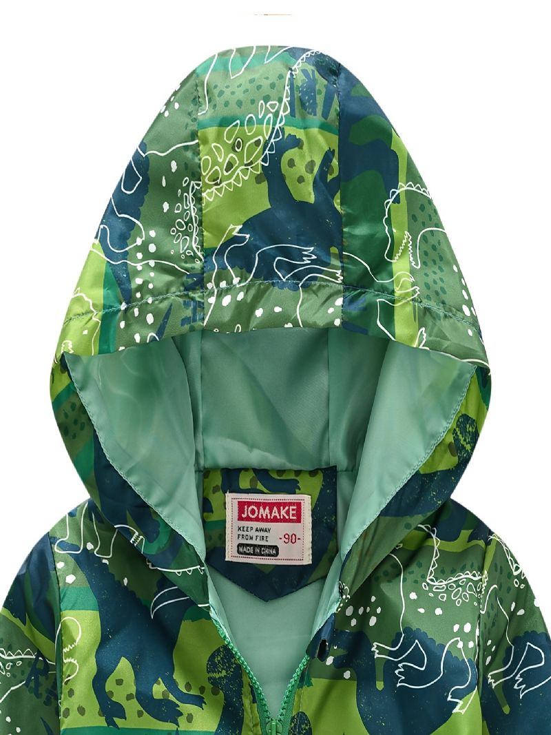 1 Stk Casual Sød Grøn Dinosaur Print Lynlås Hættejakke Cardigan Krave Termojakke Til Vinter Drenge Piger