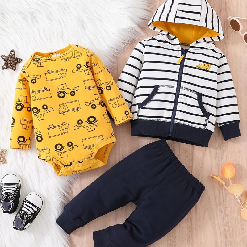 Baby Drenge Casual Cartoon Car Print Romper & Stribet Lynlås Hættejakke & Bukser