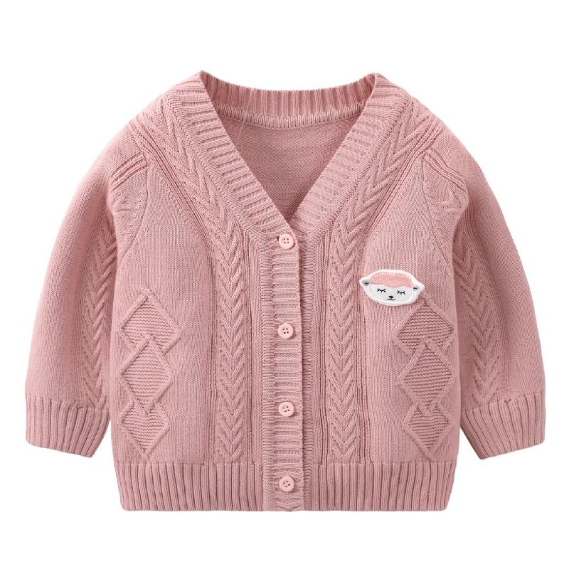 Baby Piger Drenge Strikket Cardigan V-hals Sweater Termojakke Med Tegneseriedesign Til Vinter Babytøj