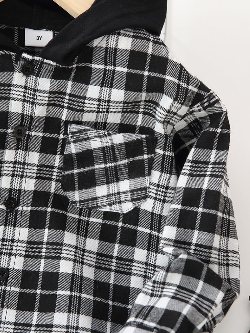 Drenge Casual Button Down Plaid Hættejakke Langærmet Ydertøj Til Vinter Efterår