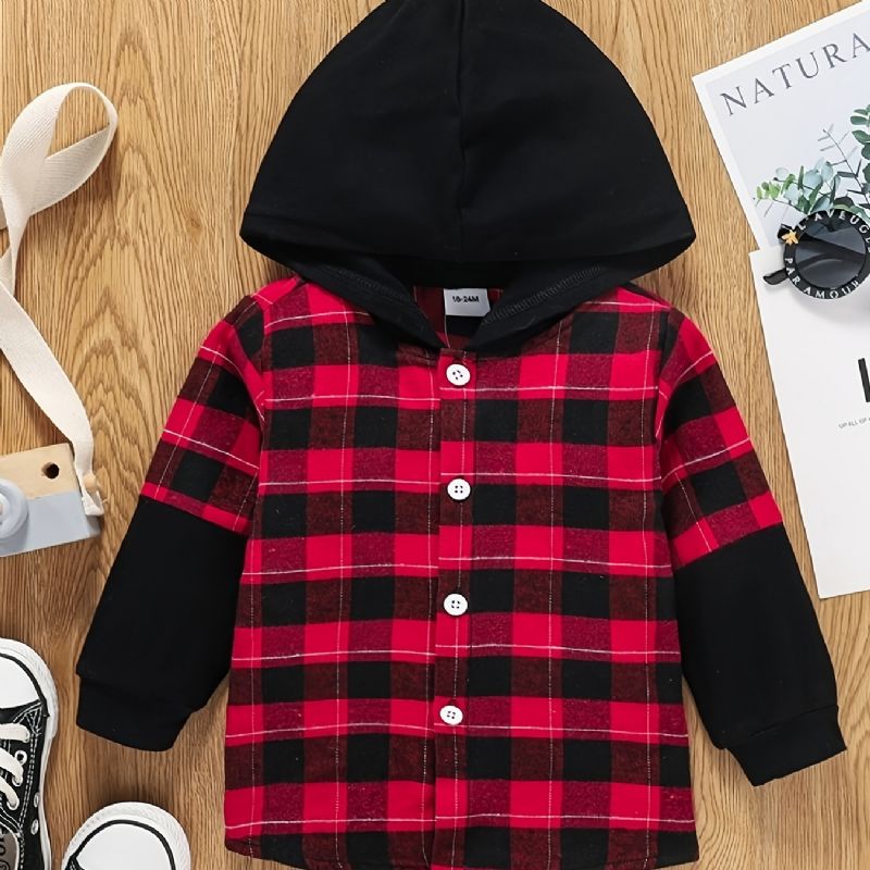 Drenge Casual Color Block Hættejakke Med Plaid Print Button Down Outwear Børnetøj